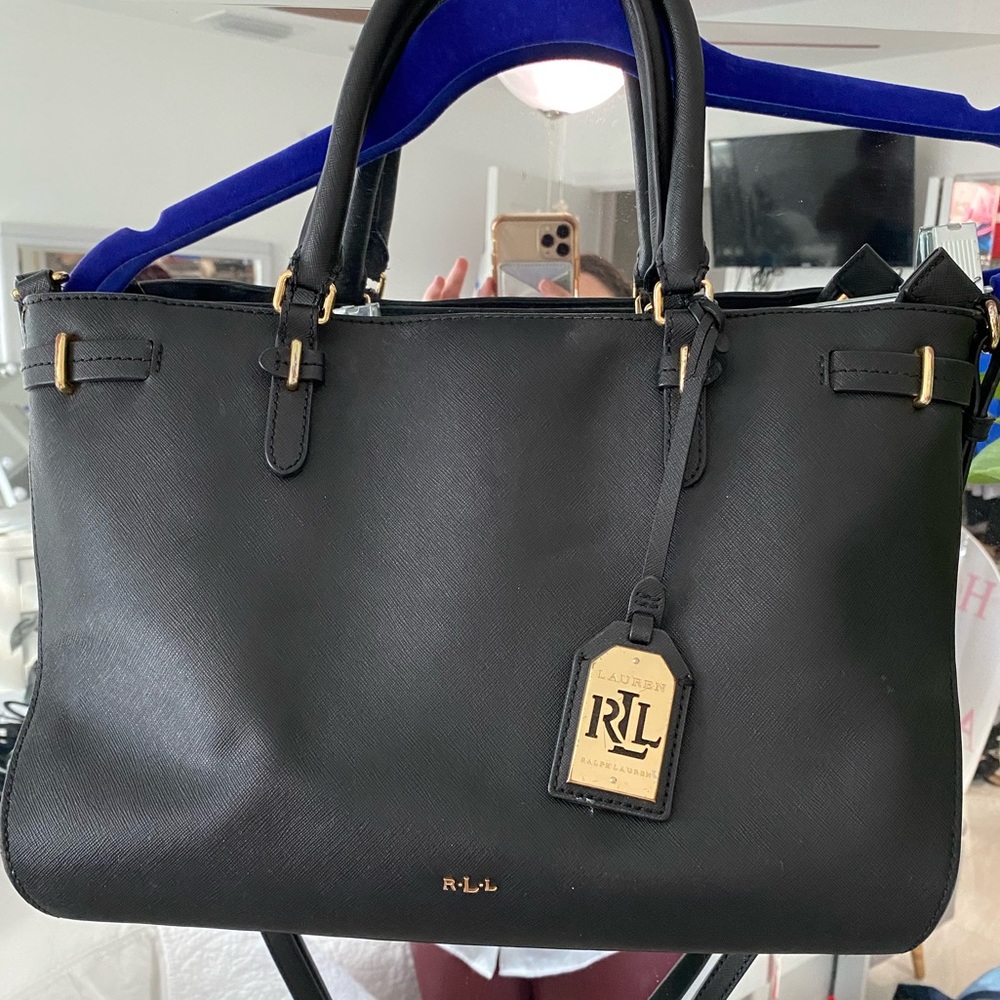 Ralph Lauren's iconic Marcy satchel with a polished monogram. Black Purse